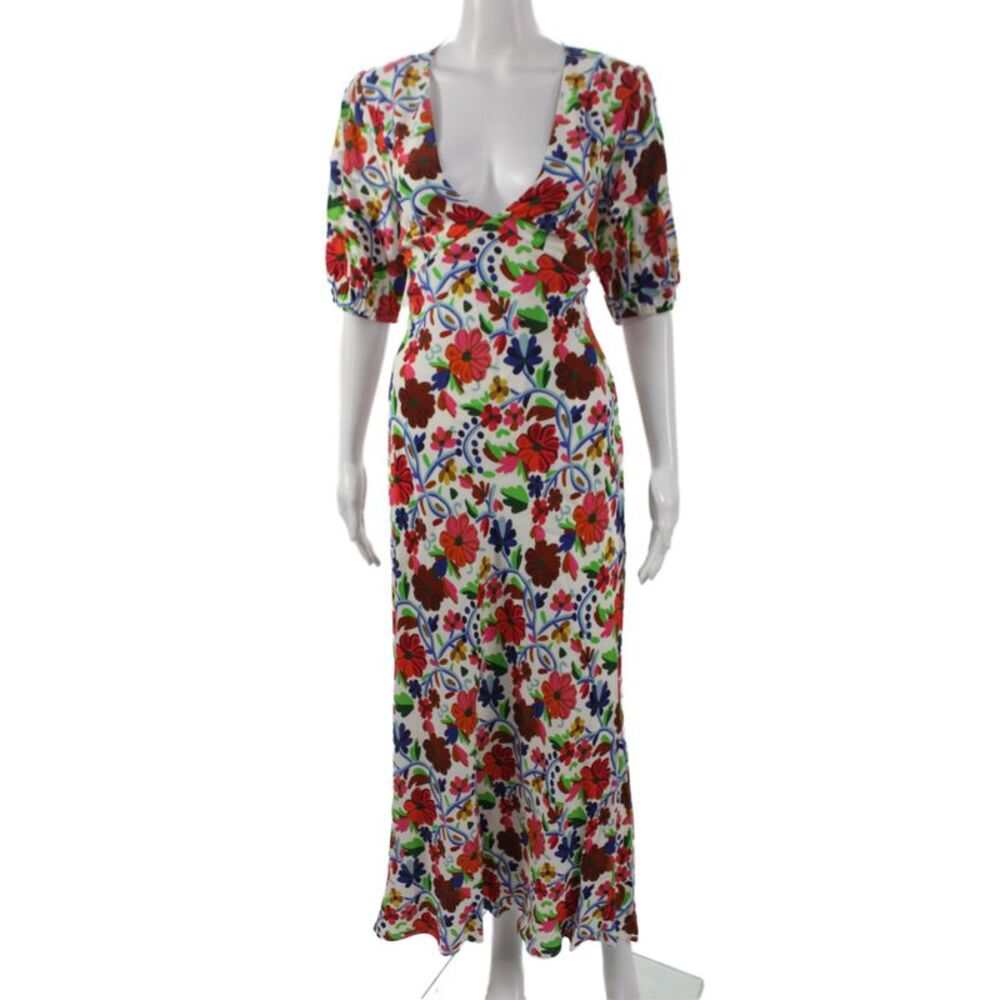 Rixo Women Maxi Floral V-Neck Tie Waist Short Sleeve Multi-Color Dress Size 8
